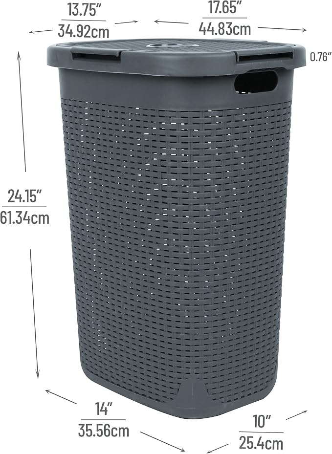 Mind Reader Slim Laundry Hamper with Lid, 60L Tall Clothes Basket, Narrow Tapered Design for Bathrooms, Closets and Laundry Rooms, Plastic, Gray - Image 3