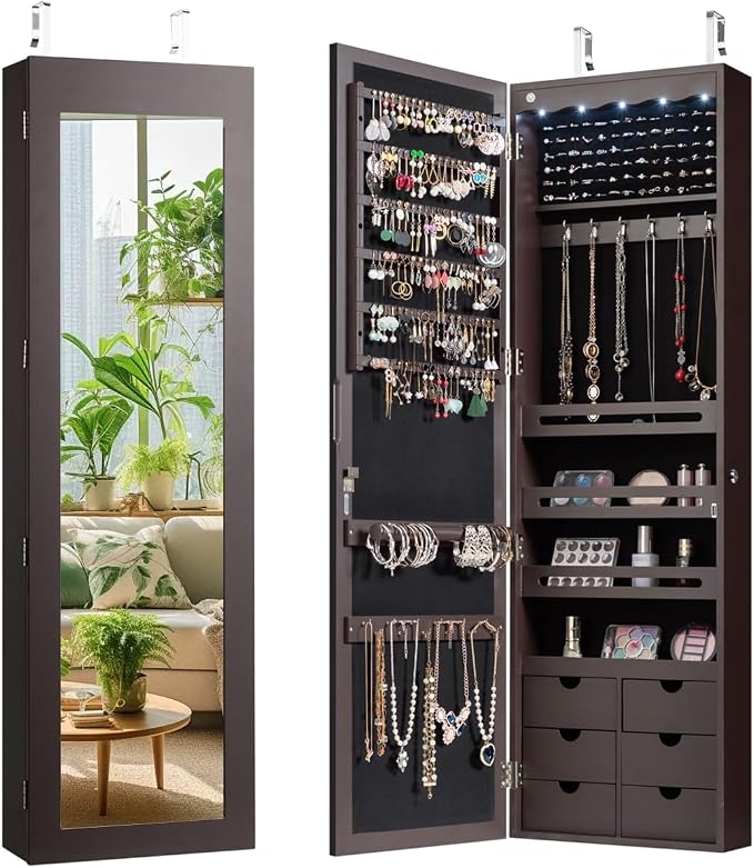Giantex Wall Door Mounted Jewelry Cabinet with Full Length Mirror, Lockable Over Door Jewelry Armoire with LED Lights, 47.5" Large Jewelry Storage Organizer with 6 Drawers, Espresso by Giantex