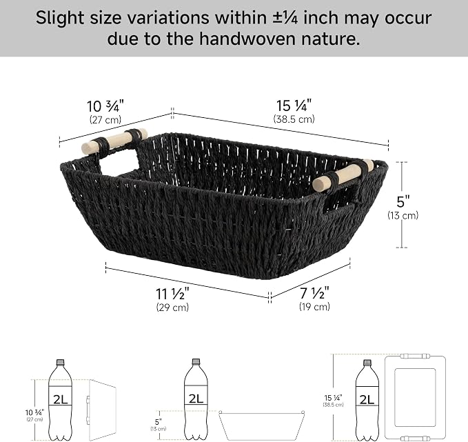 StorageWorks Large Wicker Storage Basket for Organizing with Wooden Handles, Toilet Paper Baskets for Shelf, Black, 2-Pack - Image 3