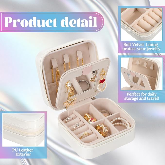 Nosiny 2 Pack Travel Jewelry Case with Mirror Small Laser Jewelry Box Organizer Gifts for Mother's Day Women Rings Earrings(White and Black) - Image 3