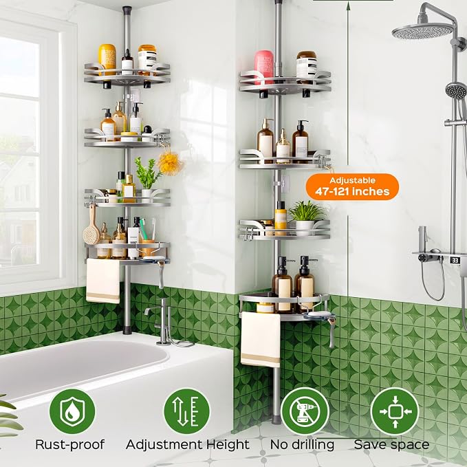 HAMITOR Shower Caddy Tension Pole：4-Tier Rustproof Bathroom Corner Shelf for Renters - 47-121inches Adjustable Bathtub Organizer with Soap Holder-large capacity rack for Shampoo Storage Home Accessory - Image 7