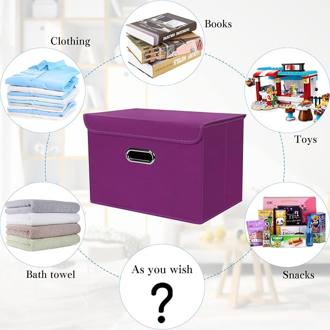 STOREONE Fabric Storage Cube Bins Foldable Organizer Container Collapsible Basket with Lids and Metal Handles, for Home, Bedroom, Closet 3 Pcs (Purple) - Image 3
