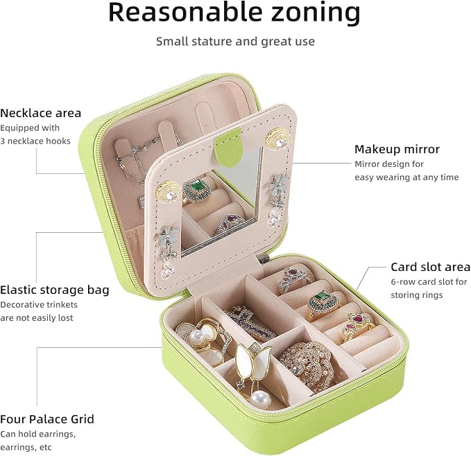 KElofoN Travel jewelry case Travel jewelry box Travel Jewelry Organizer Small Jewelry Organizer Box Gift for Girls Women with Mirror(Grass green) - Image 4