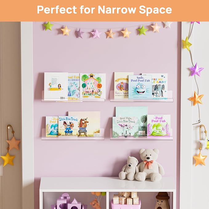 upsimples Acrylic Shelves for Bathroom Storage, 15" Floating Shelves Wall Organizer for Perfume, Make up, Skincare, Kids Bookshelf for Bedroom, Nursery, Living Room Decor, Clear, 4 Pack - Image 8