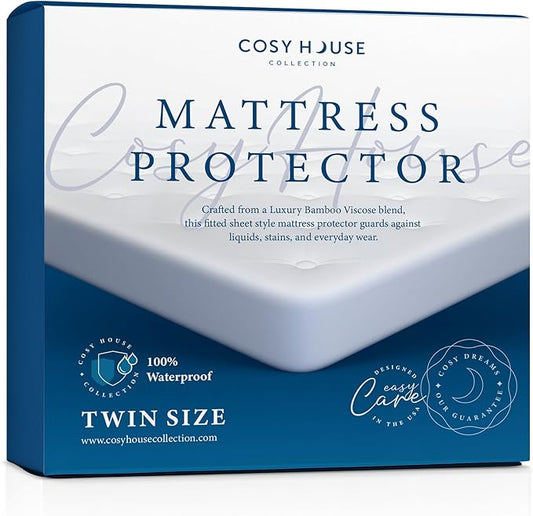 Cosy House Collection Luxury Mattress Protector - Blend of Rayon Derived from Bamboo - College Dorm Room Essentials - Ultra Soft Comfort, Stays Cool & Quiet - Premium Fitted Sheet Style (Twin) White