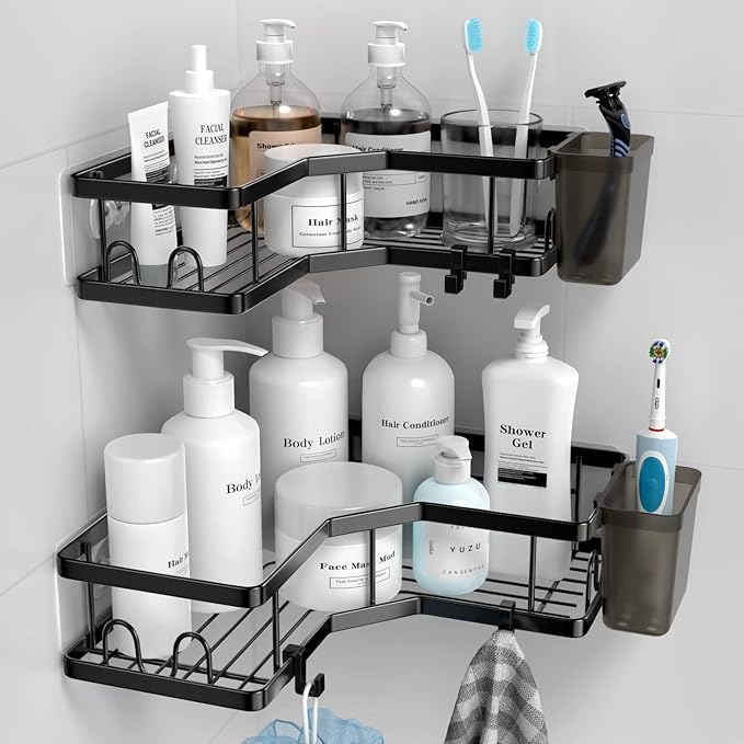 AKTECKE Corner Shower Caddy, 2 Pack Adhesive Shower Corner Organizer Shelves, No Drilling Stainless Steel Shower Storage Rack with Hooks&Toothpaste Holder for Bathroom Kitchen （for 90° Corners Only） by AKTECKE