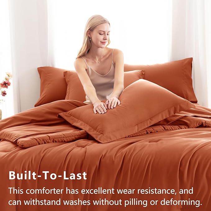 CozyLux Queen Comforter Set Burnt Orange, 7 Pieces Bed in a Bag Queen Size Comforter Set with Sheets, Terracotta Bedding Sets with Down Alternative Comforter, Sheets, Pillow Shams and Pillowcases