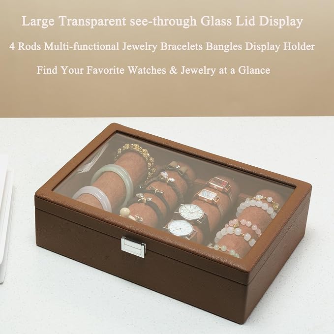 Bracelets Organizer Rods Bangles Display Holder, Clear See through Lid Leather Velvet Jewelry Storage Box Case for Women, 4 Rods Brown Leather - Image 7