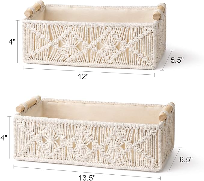Mkono Macrame Storage Baskets Boho Decor Box Handmade Woven Decorative Countertop Toilet Tank Shelf Cabinet Organizer for Bedroom Livingroom Home, Set of 2, Ivory - Image 6