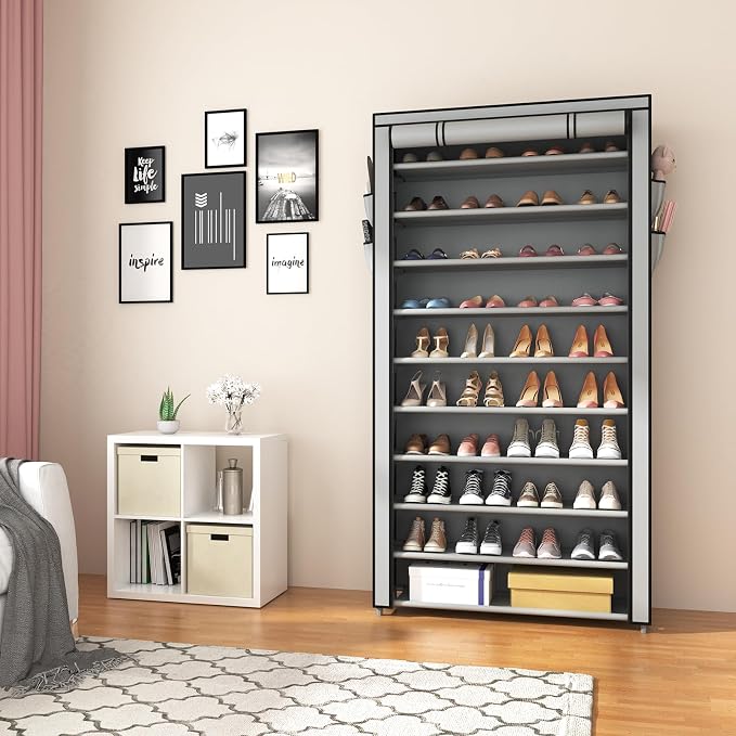 ROJASOP Shoe Rack with Covers, Stackable 10 Tier Tall Shoe Shelf Storage 50-55 Pairs Shoes and Boots Large Capacity Vertical Shoe Rack Organizer for Closet Entryway Garage Bedroom, Grey - Image 8