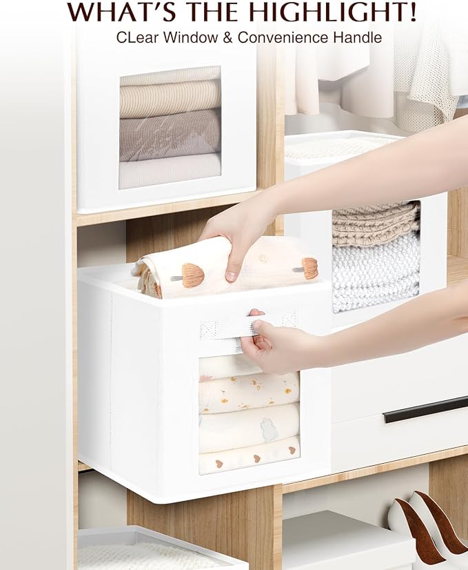 Homsorout Storage Cube 11 Inch - Cube Storage Bins with Window, Closet Storage Baskets with Handle, Fabric Bins for Closet, Shelves, Toys, Clothes, Set of 6, White - Image 9
