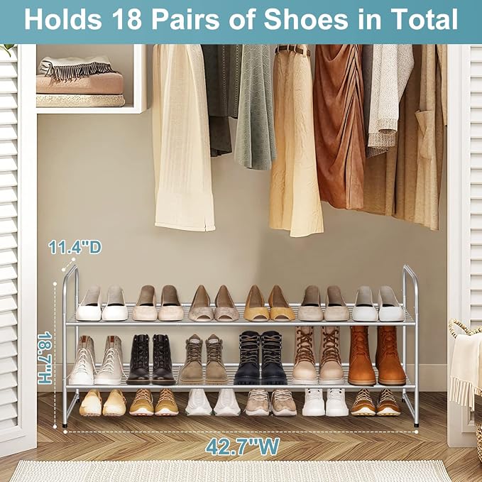 AOODA 2 Tier Long Metal Shoe Rack for Closet Wide Stackable Shoe Storage Organizer 18-Pairs Low Small Sneaker Rack for Entryway, Bedroom, Garage, Grey - Image 3