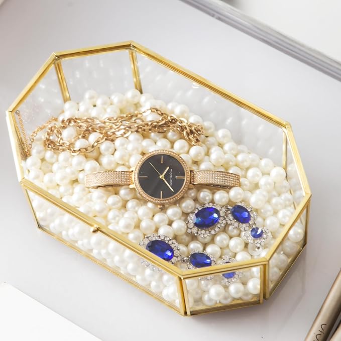 Glass Keepsake Organizer - Vintage Octagon Lidded Gold Home Decor Accent Box for Storage Rings, Bracelets - Image 4