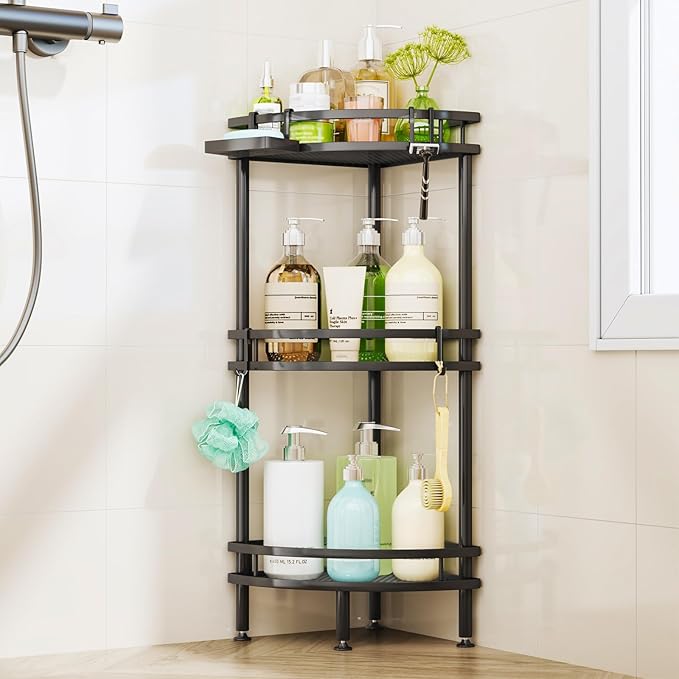 HapiRm Standing Corner Shower Caddy - 3 Tier Shower Organizer Corner with Soap Holder and 4 Hooks, Rustproof Bathroom Storage Shelves with Adhesives, Black by HapiRm