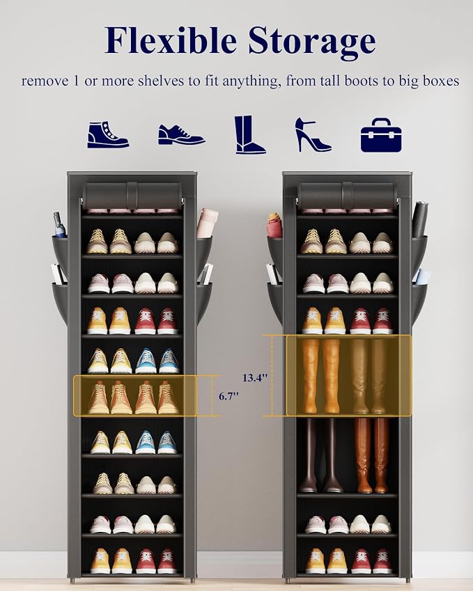Kitsure Shoe Rack - 10-Tier Large Capacity Shoe Organizer Shelf with Dust Cover & Side Pockets, Rust-Proof Metal Shoe Rack for Closet, Entrance, Living Room, 17.5" x 12.4" x 69.3", Black - Image 4