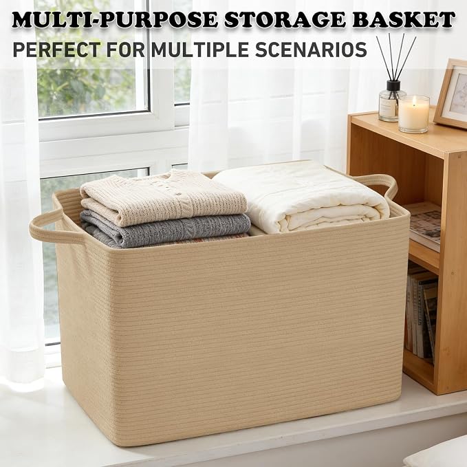 96L Large Blanket Basket,24"x16"x15"Rectangle Storage Bin with Handles,Woven Rope Laundry Basket for Toys, Clothes,Magazines,Home Organization,Nursery,Living Room & Bedroom,Jute - Image 6