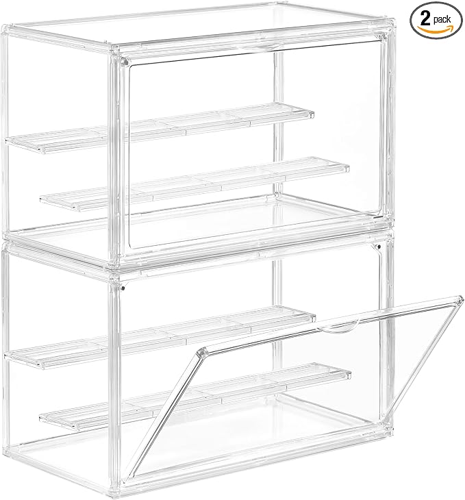 Freebat Clear Acrylic Display Case for Collectibles - 3-Tier Adjustable Figure Display with Magnetic Door & Removable Shelves,Stackable Dispaly box for Figures - 2 Pack by Freebat
