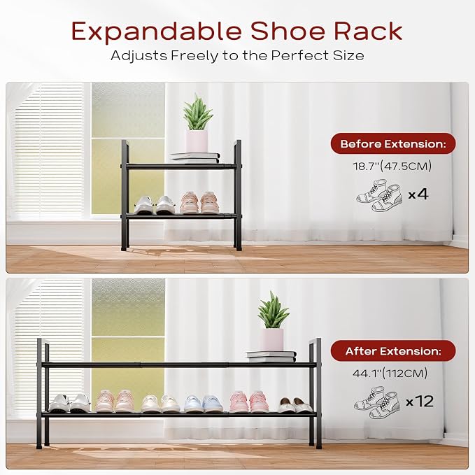 Bumusty 2-Tier Long Expandable Shoe Rack for Closet, 18"-44" Adjustable Shoe Rack for Entryway, 10-12 Pairs Large Shoe Organizer Shelf Storage, Sturdy Metal, Black - Image 4