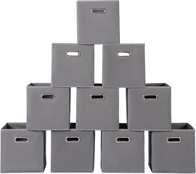 Fabric storage bins Cubes, Fabric Cube Organizer with Handle, Foldable Cube Bins for Cloth or Accessary Storage, 11x11x11, Set of 10, (Gray) by Yunkeeper