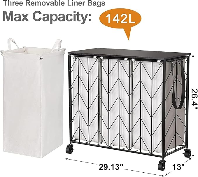 WOWLIVE Laundry Basket with Wheels, 142L Laundry Hamper 3 Section with Lid, Dirty Clothes Hamper with Removable Bags, Large Capacity Iron-Made Laundry Basket Organizer Laundry Sorter for Dorm, Beige - Image 4
