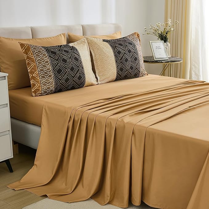 Dinjoy Boho Queen Comforter Set Brown,7 Piece Bed in a Bag Queen Size Warm Fall Bedding Sets Striped Comforters Bed Set with Sheets for Family All Season