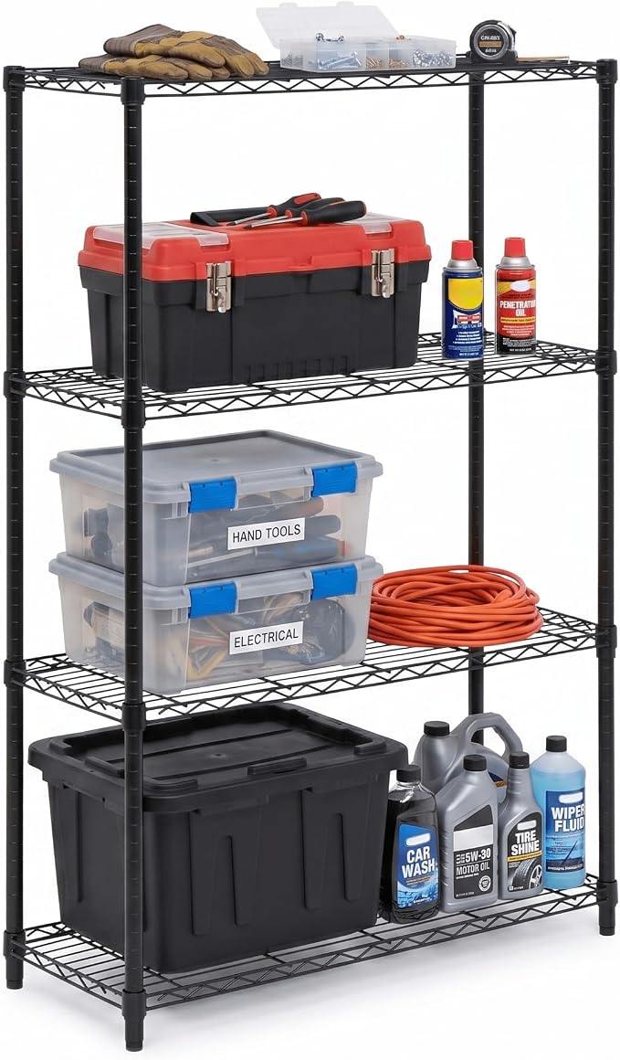 Honey-Can-Do 4-Tier Heavy Duty Adjustable Shelving Unit, 250-lb Per Shelf Metal Storage Rack, Wire Shelf for Garage Kitchen Office Pantry, Black, 36 x 14 x 54 in by Honey-Can-Do