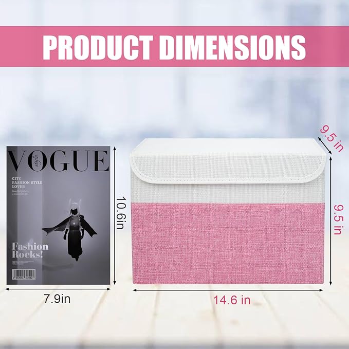 Bagnizer Large 22 Quart Linen Fabric Foldable Storage Bin Cube Organizer Basket with Flip-Top Lid & Handles, Clothes Blanket Box for Home, Office, Closet, Pink & White, 4 Pack 14.6 x 9.5 x 9.5 - Image 2