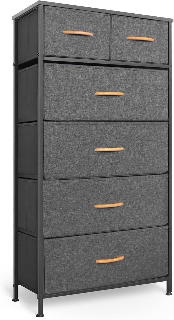 Mifuro Tall Dresser for Bedroom, Vertical Storage Organizer Tower with 6 Drawers, Chest of Drawers with Fabric Bins, Steel Frame, Wood Top for Bedroom, Closet, Entryway- Grey by MifuroOfficeProduct