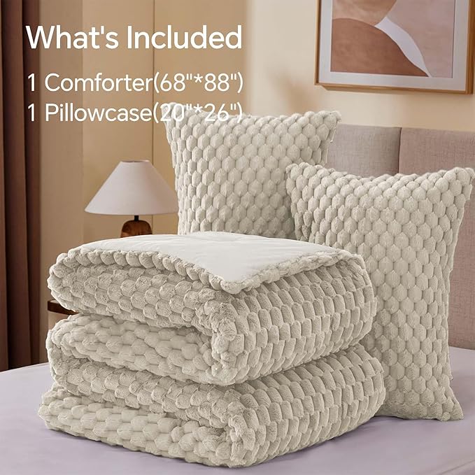 BEDELITE Fluffy Twin Comforter Set - Linen Fleece Soft Comforter for Twin Size Bed, Luxury Warm Bedding Set for Winter, Fuzzy Bed Set 2 Pieces (1 Comforter, 1 Pillowcase)