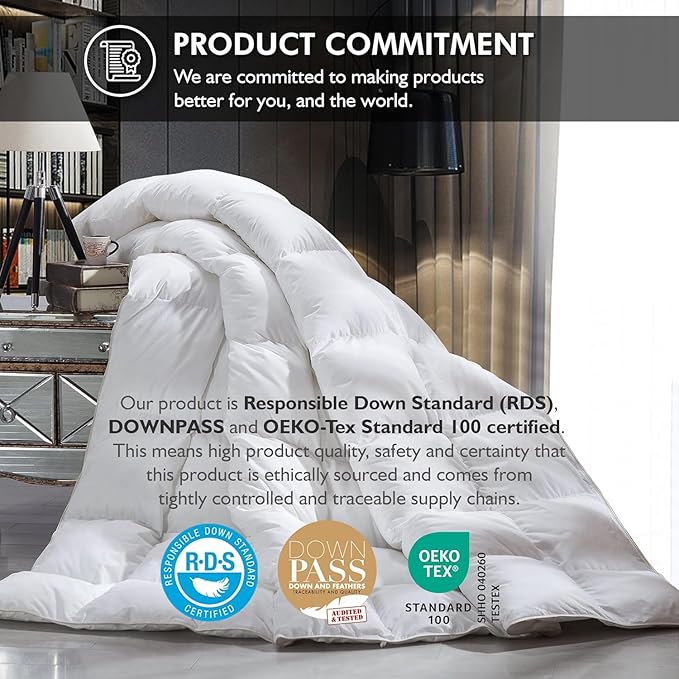 Luxurious Oversized Super King 120" x 120" Size Goose Down Fiber Waterfowl Feather Fiber Comforter Duvet, 100% Egyptian Cotton Cover, 90 oz. Fill Weight, Baffle Box Design, White Solid