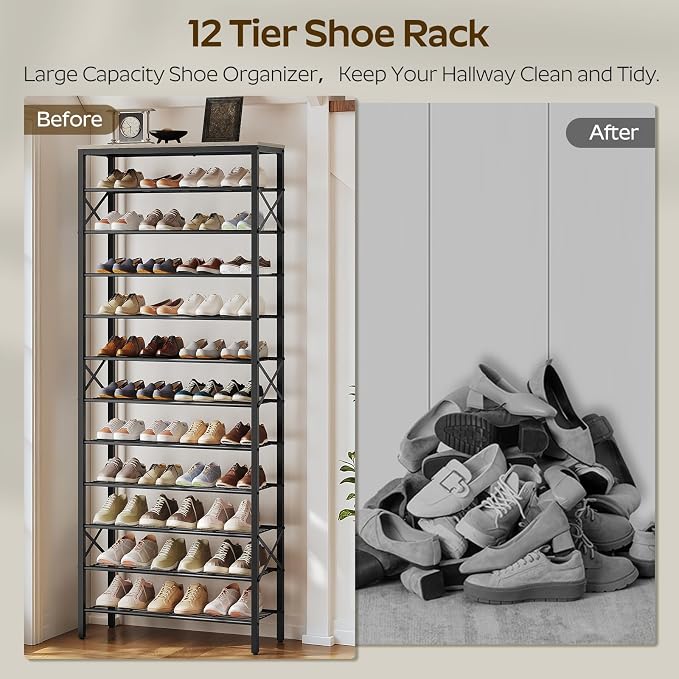 YATINEY 12 Tier Shoe Rack, Large Capacity Shoe Storage Organizer Holds 48 Pairs, Sturdy and Stable, for Entryway, Hallway, Closet, Dorm Room, Greige and Black SS12BG - Image 4