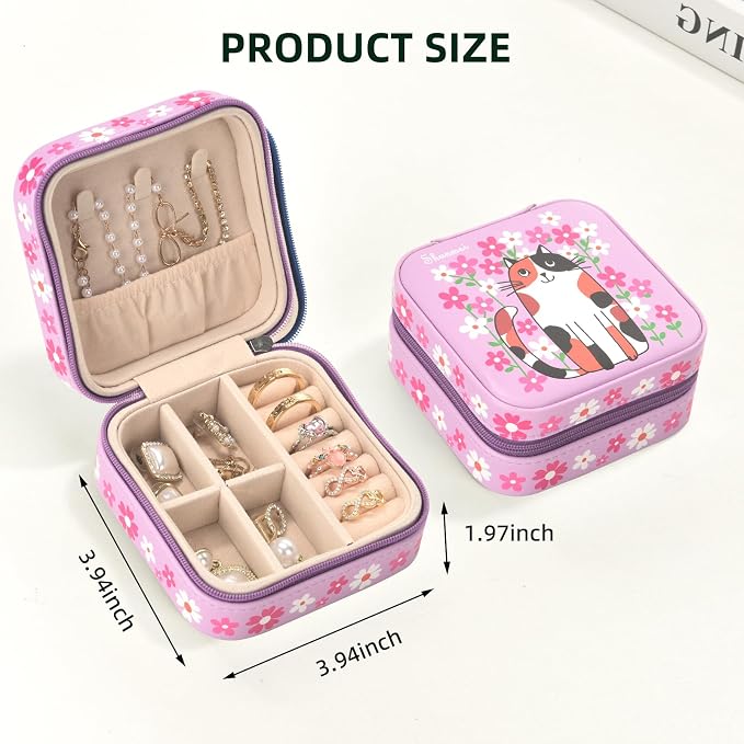 shunmei Mini Travel Jewelry Box,PU Leather Portable Jewelry Organizer Case,Art Accessories Storage Holder Boxes for Earring, Necklace, Rings, Bracelets (Pink Cat) - Image 3