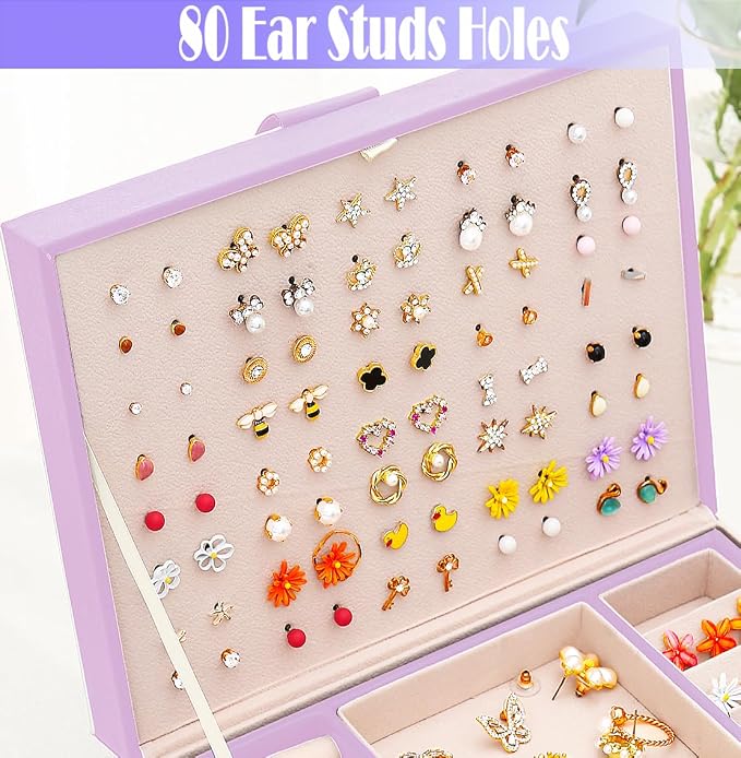 Earrings Jewelry Box for Girls, Large Capacity Jewelry Organizer with 40-Pair Earring Board, 2-Layer Leather Jewelry Storage Box for Necklaces Rings Bracelets with Removable Tray, LightPurple - Image 8