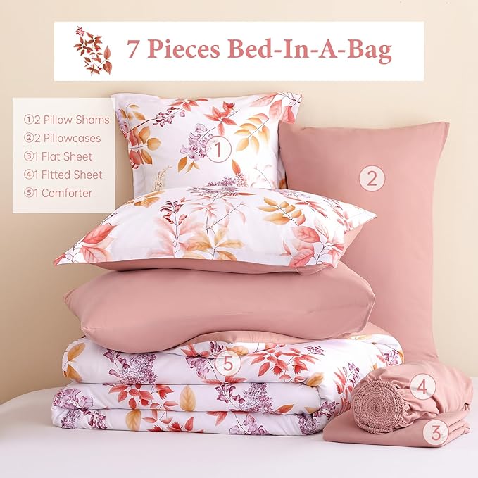Cottolester Pink Comforter Set Queen Size Floral 7-Piece Bedding Set,Pink Purple Botanical Comforter Set with Pillowcases,Soft Microfiber Complete Bedding Sets for All Season