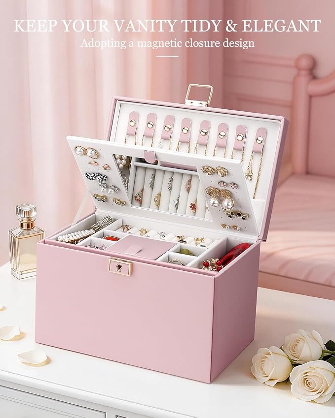 DesignSter Jewelry Box for Women Girl, 3-layer Lockable Jewelry Organizer with Mirror, Large Leather Jewelry Case for Earring Necklace Ring Bracelet Watch - Image 6