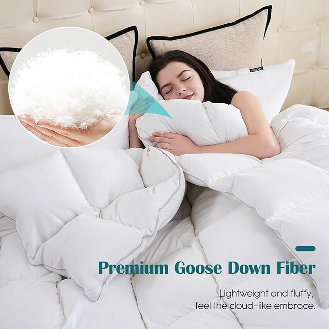 Goose Feather Down Fiber Comforter Queen Size, 100% Cotton Ultra Soft Fluffy Duvet Insert Queen, All Season Luxurious Hotel Bedding Comforter with 8 Loops, White 90"x90"