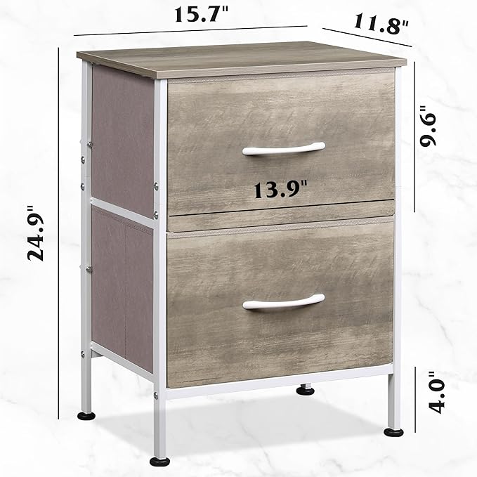 WLIVE Night Stand, Greige Nightstand with 2 Fabric Drawers, Small Dresser for Bedroom, Bedside Table End Table with Storage Drawer, College Dorm, Dormitory, Greige Oak