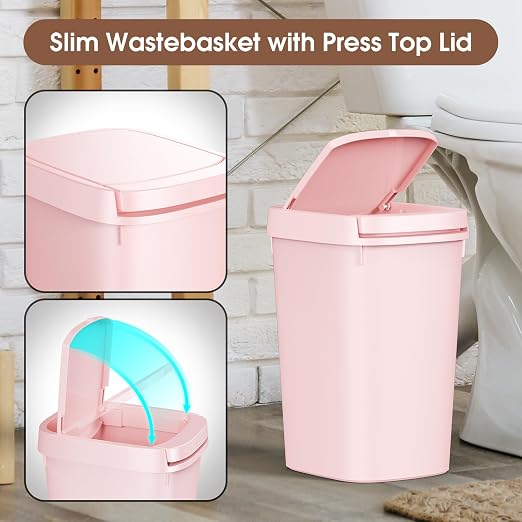 CEROELDA 3 Pack Bathroom Trash Can with Lid, 10L/2.6 Gal Small Garbage Can with Press Top Lid, Slim Plastic Waste Basket for Toilet, Office, Bedroom (Pink) - Image 4
