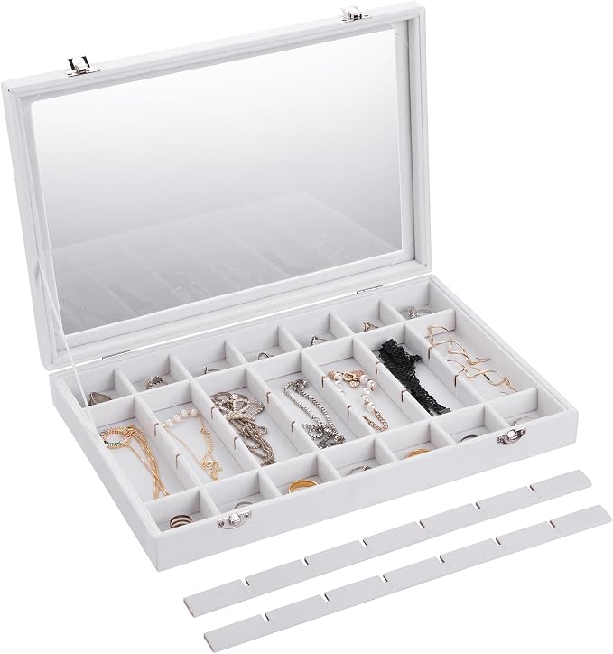 Frebeauty Velvet Jewelry Tray,35 Grid Jewelry Organizer with Clear Lid,Earring Holder Organizer Case with Clasp,Drawer Insert for Rings Studs,13.8 x 9.5 x 2 Inches,Gift for Women Girls(White) - Image 5