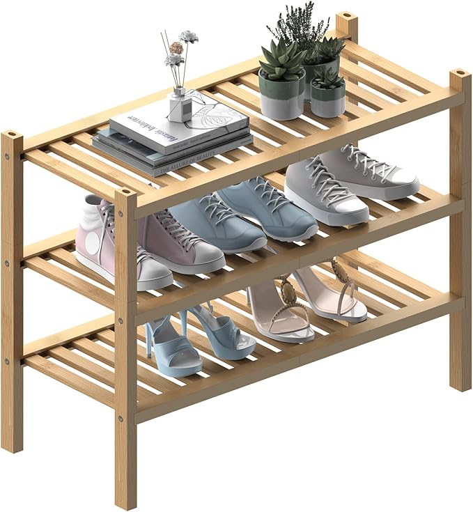 ROMGUAR CRAFT (Thick Bamboo Shoe Rack for Entryway, 3-Tier Free Standing Shoe Racks Stackable Shoe Rack Organizer for Hallway Closet Living Room 27 x12 x21 Inches by ROMGUAR+CRAFT