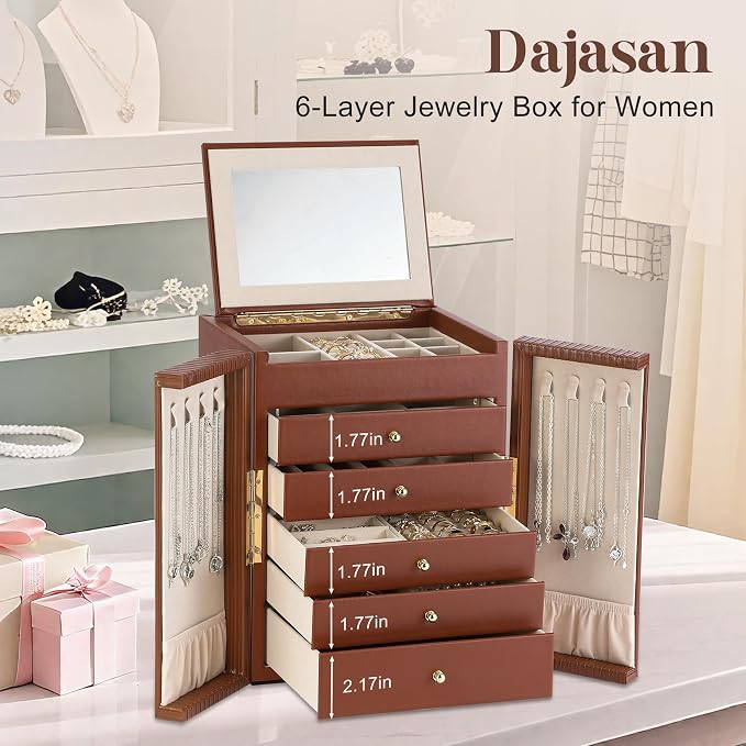 Dajasan Large Jewelry Organizer Box, Jewelry Boxes for Women Girls, 6-Tier Jewelry Storage Organizer with Mirror for Necklace Ring Bracelet Watch, Gift Idea (Brown) - Image 7
