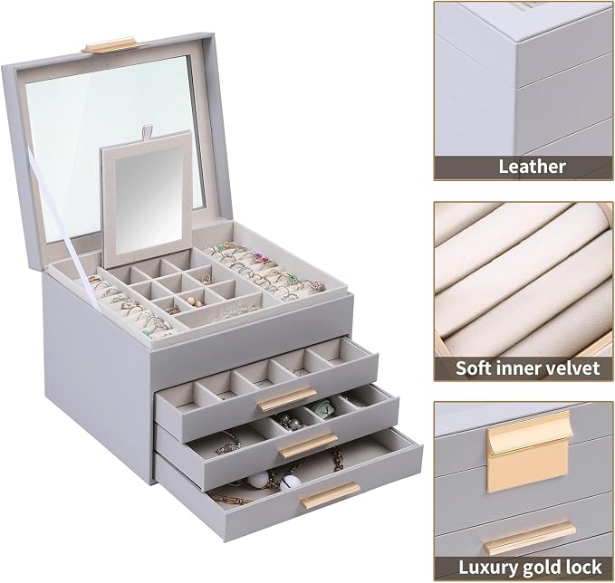 BOOVO Clear Lid Jewelry Box,4 Layers Jewelry Organizer Large Jewelry Storage Box with 3 Drawers,Jewelry Holder Organzier of Rings Earrings Necklace Bracelets for Women (Grey, 4 Layer) - Image 2