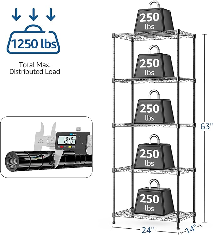 M MZG 1250 lbs 5 Tier Shelf Metal Storage Shelves Wire Rack Closet Organizers with Wheel for Garage Kitchen Bathroom Laundry Black 13.7" D x 23.6" W x 62.4" H - Image 3