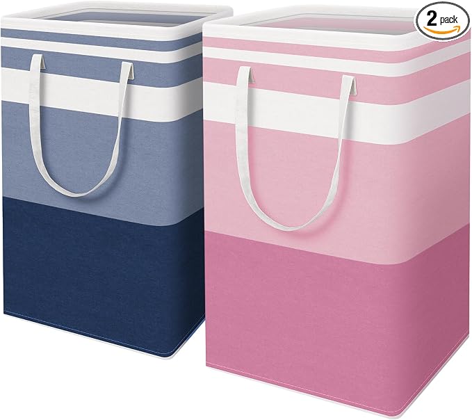 HomeHacks 2 Pack Large Laundry Baskets, Waterproof, Freestanding Laundry Hampers, Collapsible Clothes Hamper with Reinforced Handles in Laundry, College Dorm, Bathroom, Bedroom (Blue+Pink, 88Lx2) by HomeHacks