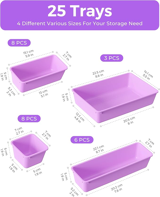 BiuLeon 25 PCS Plastic Drawer Organizers Set, 4-Sizes Vanity and Makeup Organizer, Desk and bathroom Drawer Organizer Trays, Organizers and Storage for Makeup, Jewelry, Gadgets, Utensils (Purple) - Image 2