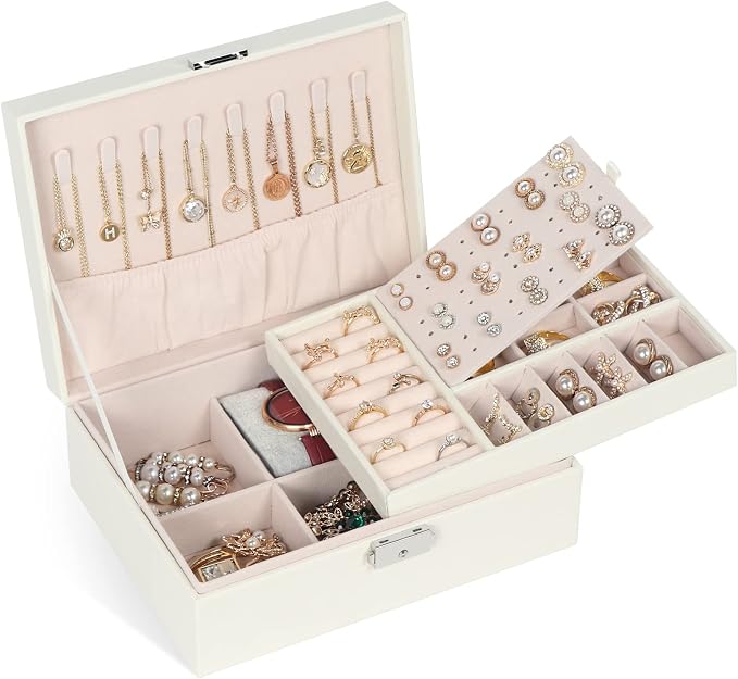 Jewelry Box for Women Girls, 2 Layers Jewelry Organizer Container with Lock, PU Leather Storage Case with Removable Tray, Jewelry Display Box for Necklaces Earrings Bracelets Rings Watches - White by Hatori