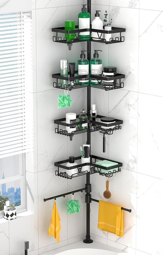 DAOYA Shower Caddy Tension Pole Corner with 4 Removable Baskets & 2 Towel Bar - Expandable Shower Caddy Corner Adjustable 25-114.2 Inches Upgraded Bath Organizer for Tub(Stainless Steel, Black) by DAOYA