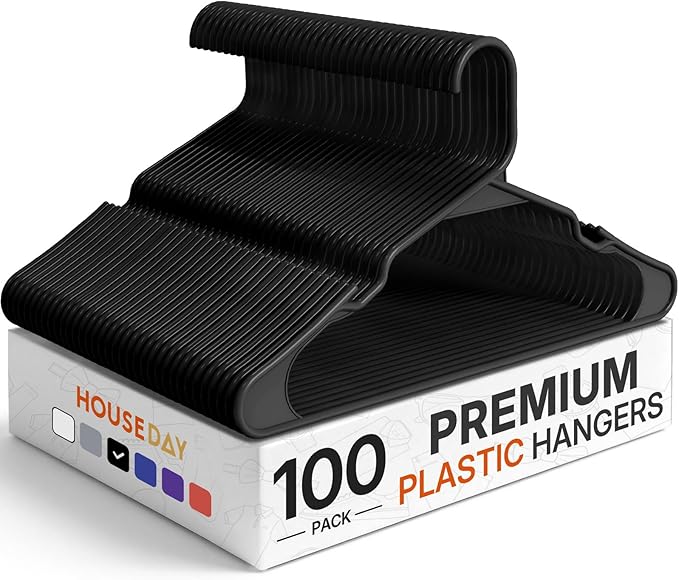 HOUSE DAY Plastic Hangers 100 Pack - Adult Clothes Hangers Black - Space Saving, Non-Slip, Durable & Sturdy Hanger with Shoulder Grooves for Closet, Perfect Slim Coat Hanger - Ganchos para Colgar Ropa by HOUSEDAY