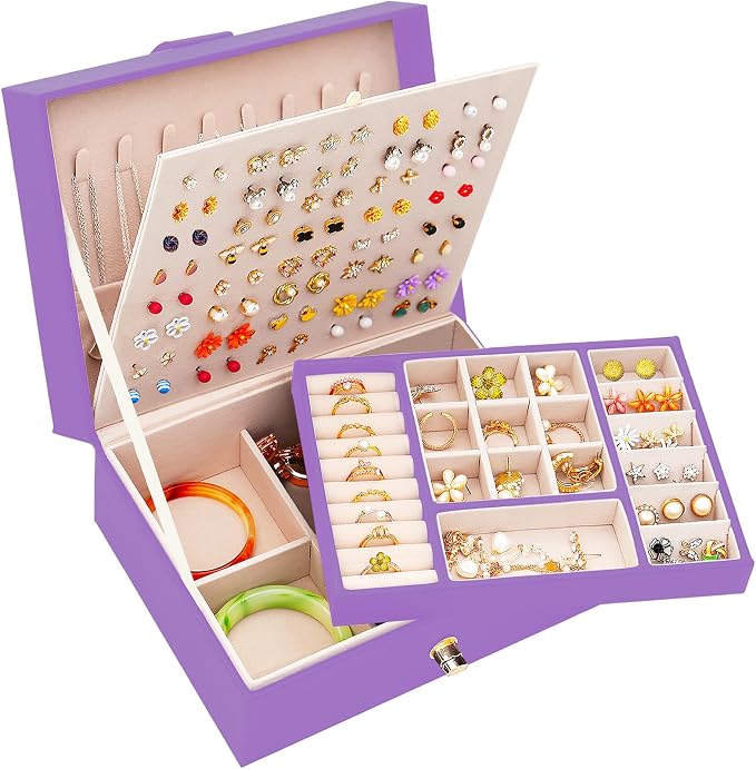 Earrings Jewelry Box for Girls, Large Capacity Jewelry Organizer with 40-Pair Earring Board, 2-Layer Leather Jewelry Storage Box for Necklaces Rings Bracelets with Removable Tray(Gift Idea),Purple by ARIYIBO