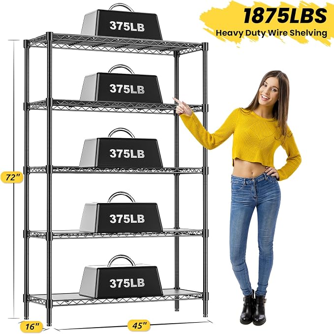 45" W Storage Shelves 5 Tier Wire Shelving, Adjustable Metal Shelving Unit with Shelf Liners, 1875LBS Heavy Duty Storage Rack for Garage Pantry Kitchen Commercial, 45" W x 16" D x 72" H, Black - Image 3